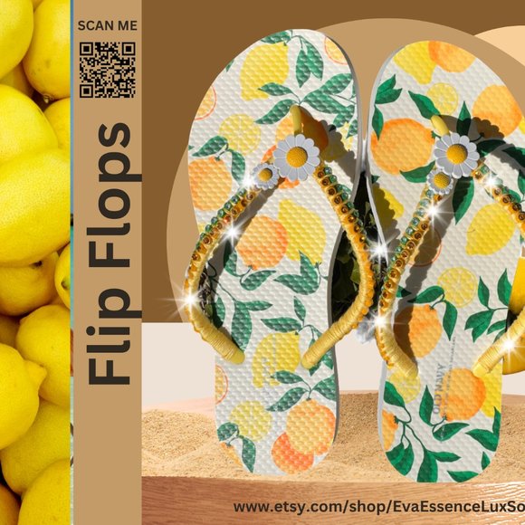 Crystal Bling Lemon Flip Flops, Handmade Embellishments, Beach Sandals, Size 7 - Picture 4 of 14